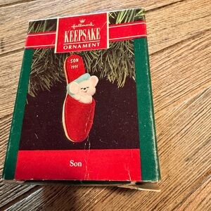 Hallmark 1991 “Son” Ornament Sleeping Mouse in flocked red Slipper original box